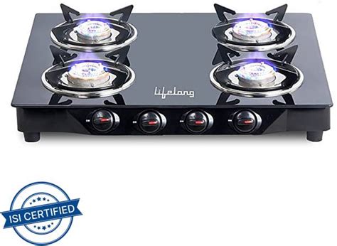 lifelong isi certified glass manual gas stove 4 burners